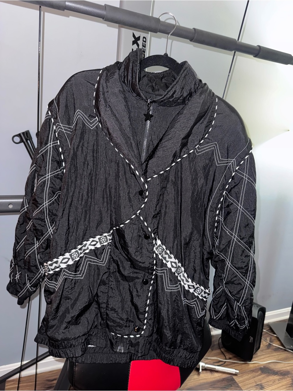 Vintage Black Patterned Lightweight Jacket with White Trim